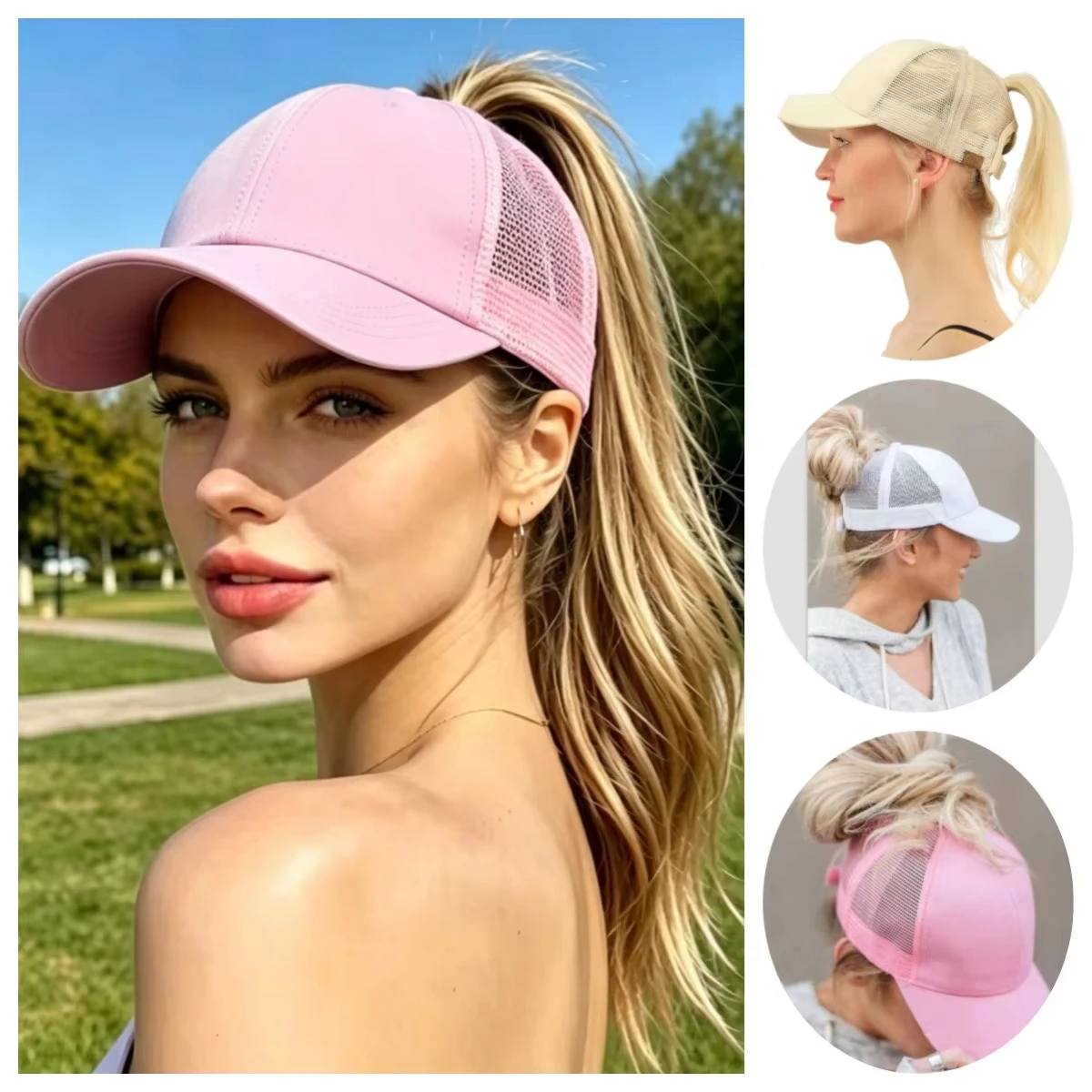 Women's Ponytail Baseball Cap Summer Adjustable Black Hat Messy Cap Casual Cotton Girl Snapback Mesh Cap