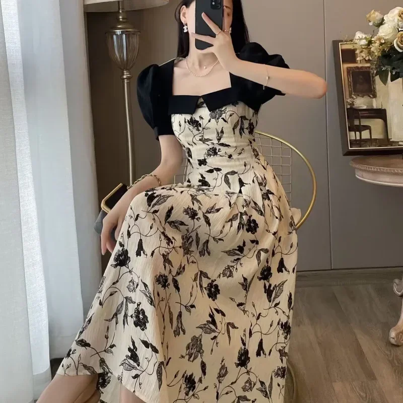 New  French Design Slimming Floral Print Summer Dress Women's Square Collar Bubble Sleeve A- Line Dress