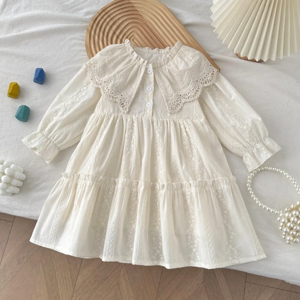 Autumn Kids Dresses for Girls Lace Doll Neck Long Sleeve Princess Dress Korean Version Beige Long Sleeved Children's Clothing