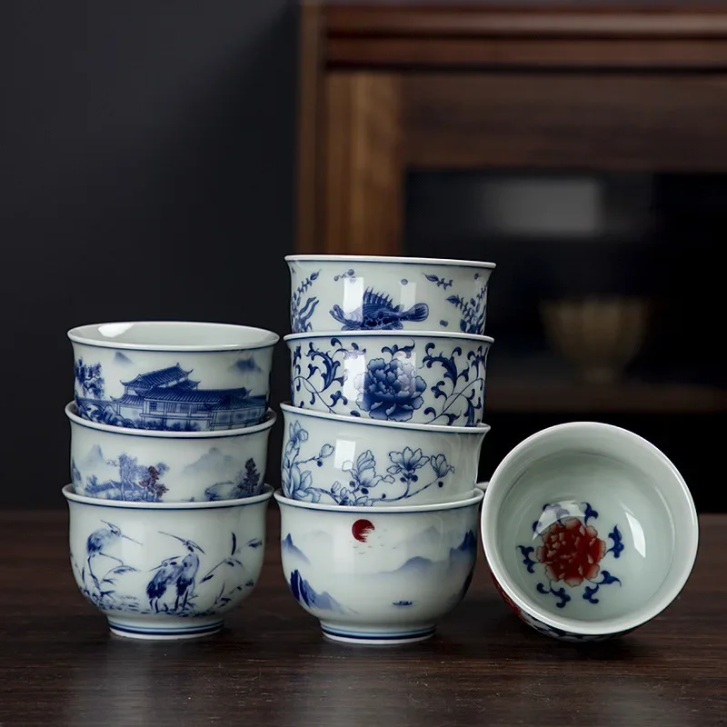 

Ceramic blue and white cups, tea cups, antique blue and white glazes, red glazes, large master cups, personal cups