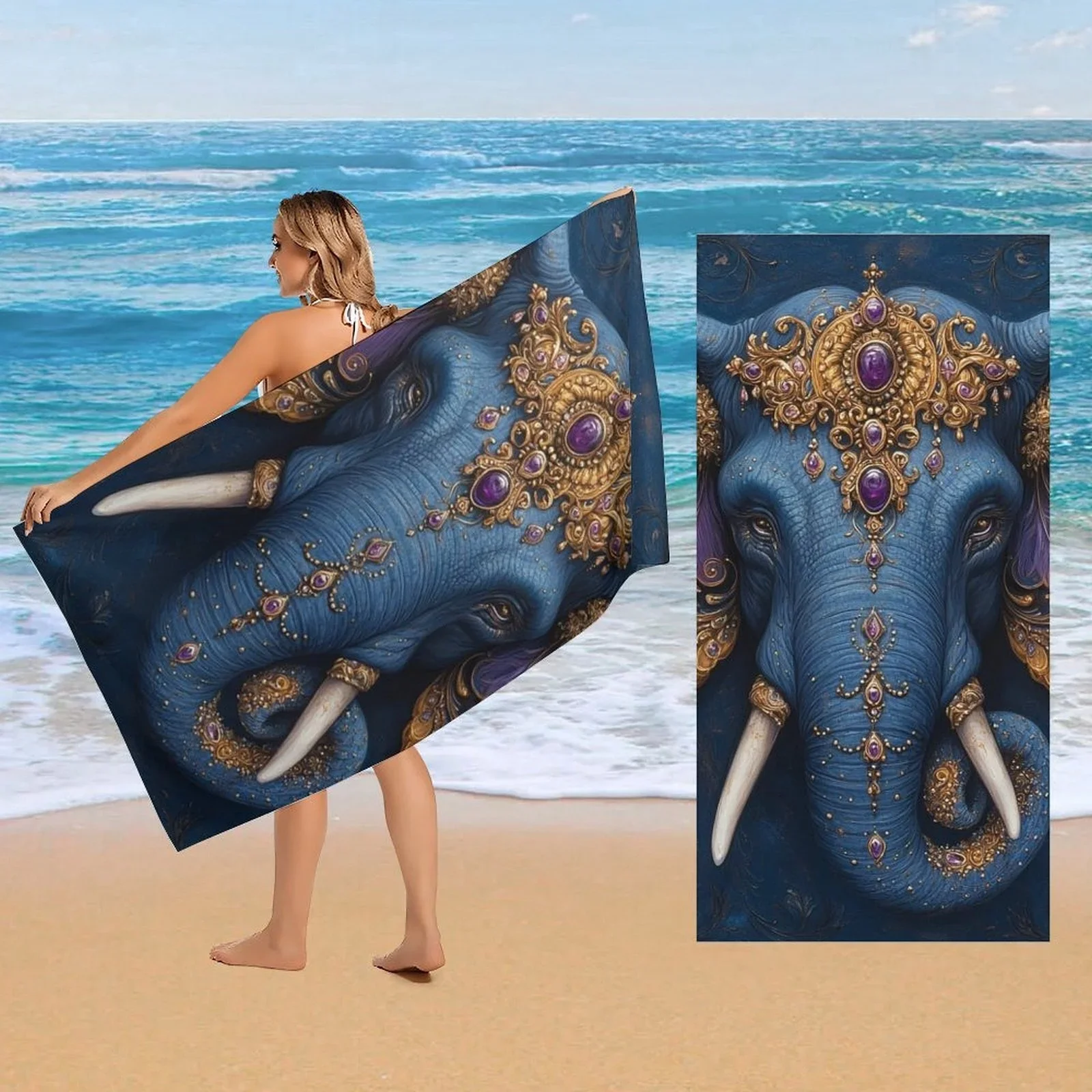 Ornate Elephant Beach Towel, Royal Indian Art Design, Fantasy Animal Print, Quick Dry Microfiber, Unique Gift for Art Lovers