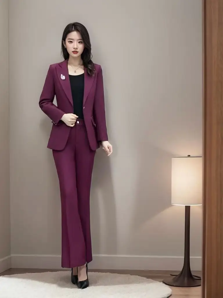 

Spring New Fashion Slimming Professional Women's Suit Two-Piece Set High Waist Flared Pants Korean Style Commute Polyester Fiber