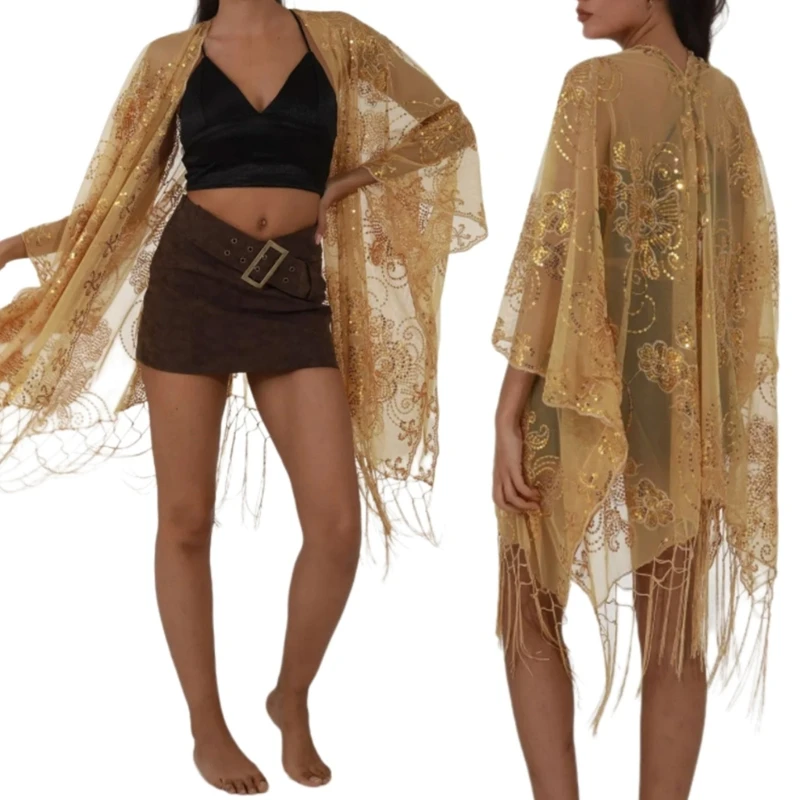 Evening Flapper Shawl Sunscreen Hollows Out Women Shawl Tassels Bridal Shawl for Event Comfortable Polyester