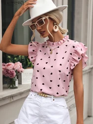 Mode Chiffon Print Dames Shirt Casual Ruche Korte Mouw Top Roze Chique Vrouw Blouse En Shirts Elegante Blouses Zomer 2024