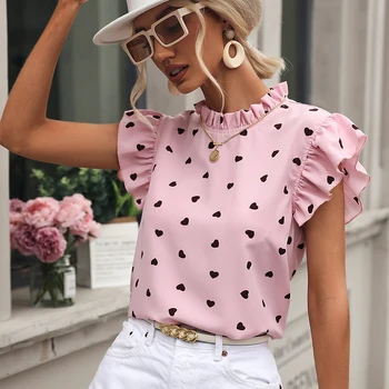 Fashion Chiffon Print Women's Shirt Casual Ruffle Short Sleeve Top Pink Chic Woman Blouse And Shirts Elegant Blouses Summer 2022