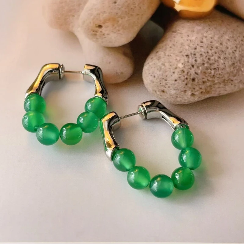 Green Chalcedony Bead Fashionable High-end Personalized Niche Commuting Simple in Front and Behind Wear Earrings