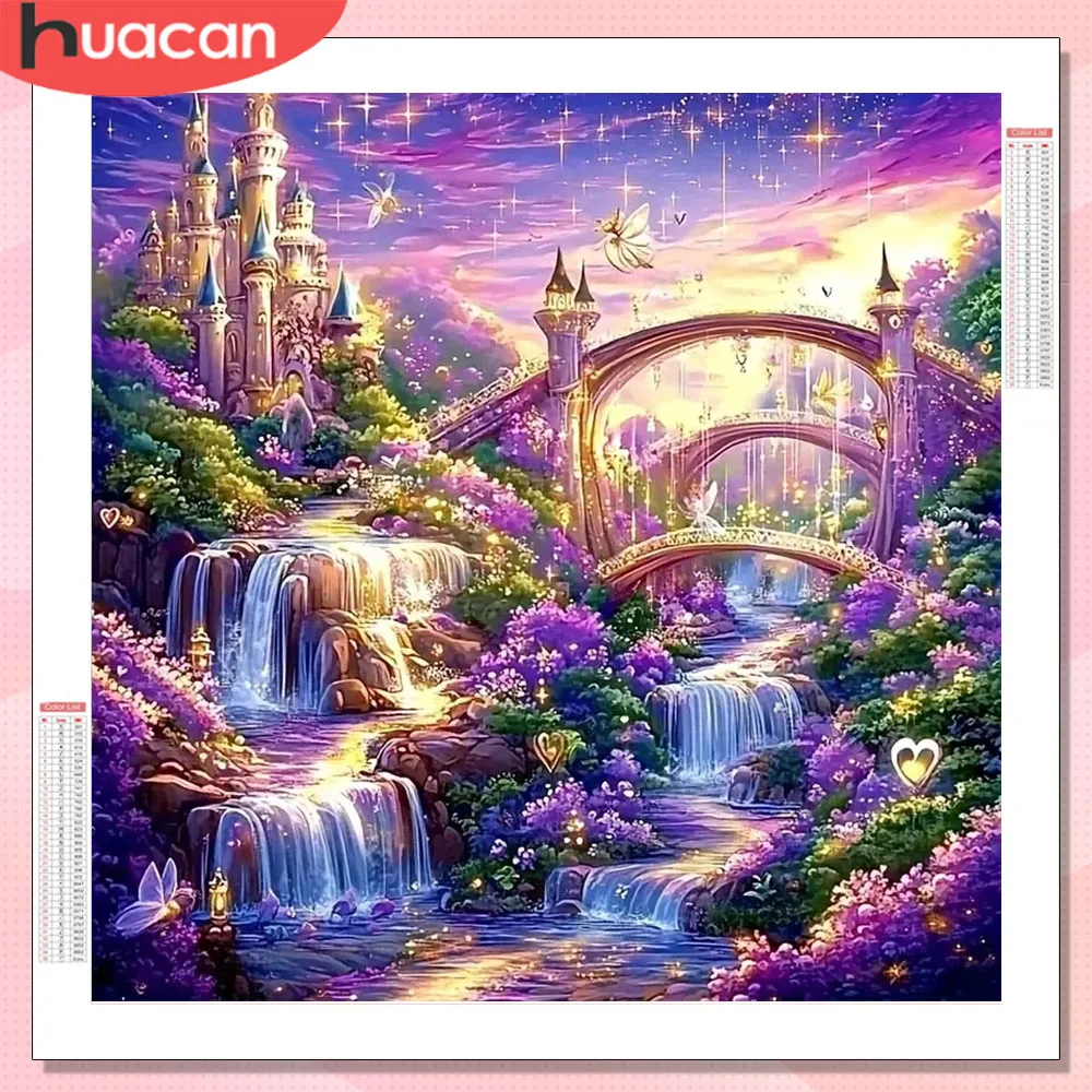 HUACAN Schloss Diamant Malerei Landschaft Voll Platz Runde Bohrer Diamant Mosaik Haus Wasserfall Brücke Fantsy Home Decor