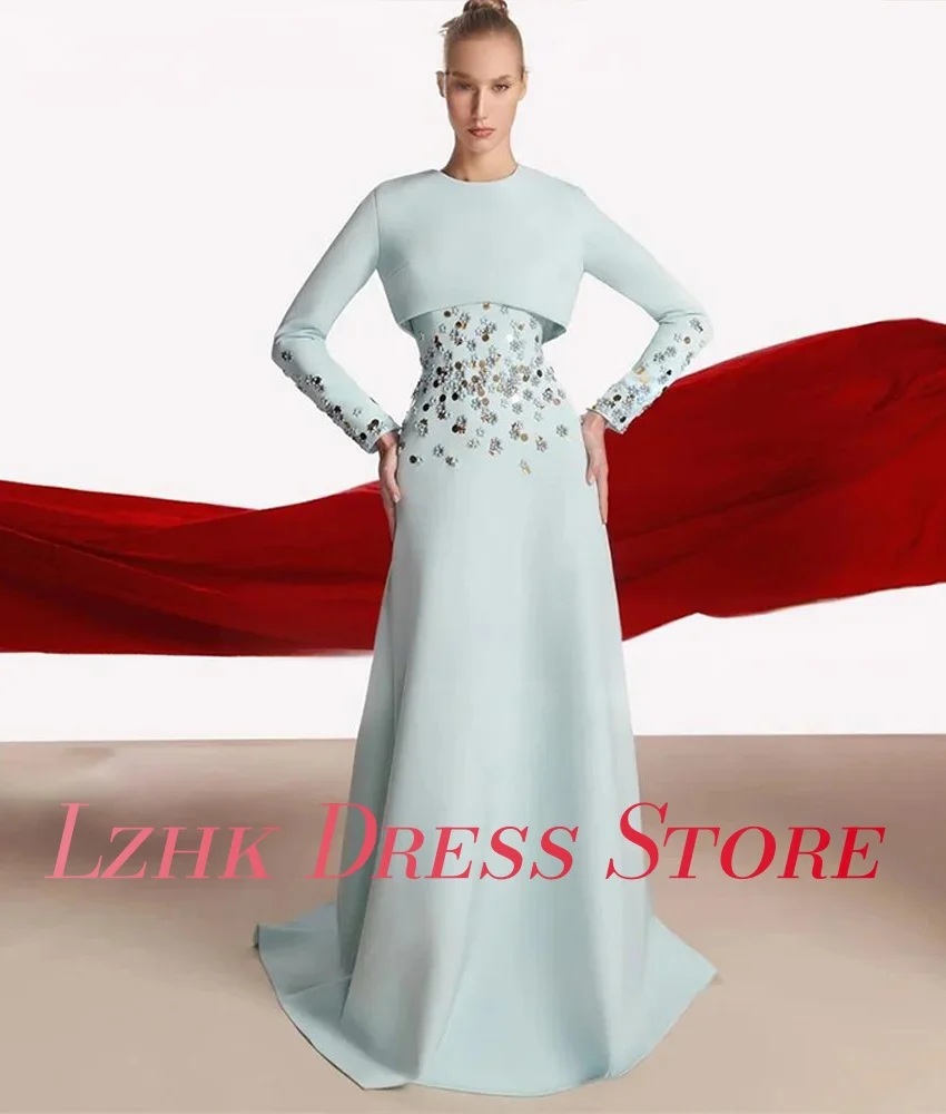 تخصيص رشيقة جيرسي ألف خط مطرزة 3D الزهور مساء اللباس جودة عالية طويلة الأكمام س الرقبة الطابق طول فساتين لحضور الحفلات الموسيقية