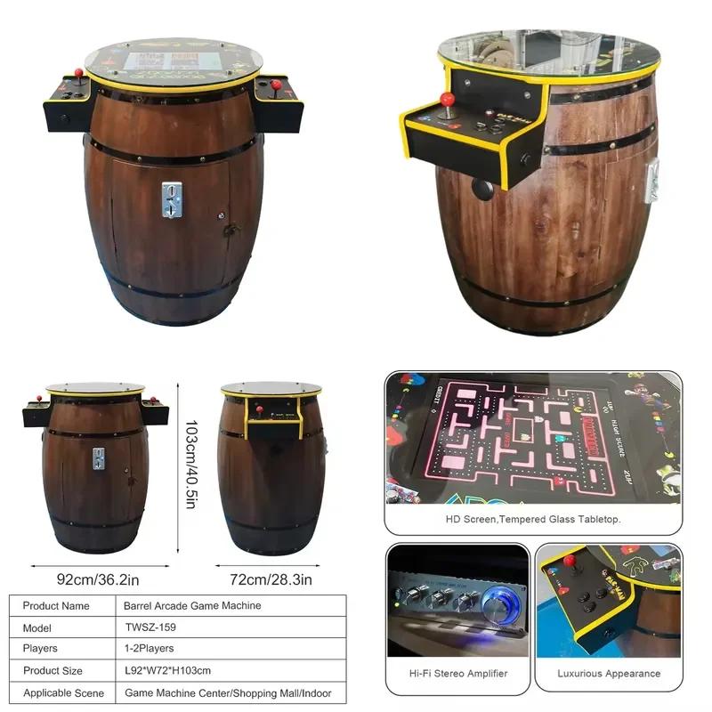 2 Players Coin Operated 19 Inch Wine Custom Art Barrel Arcade Machine for Classic Retro Games Barrel Arcade Table Cabinet