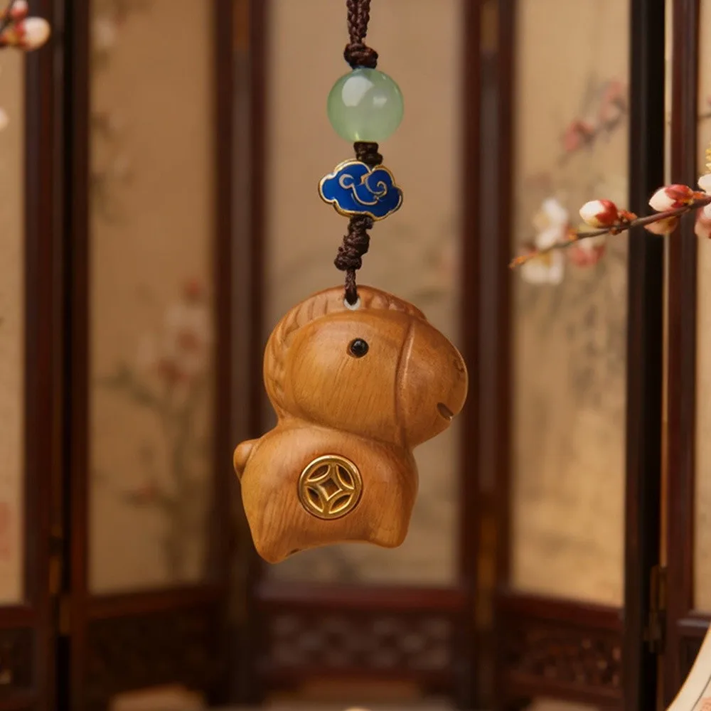 

New Cartoon Car Keychain Horse Chinese Zodiac Anti-Loss Wooden Keychain Green Sandalwood Purple Sandalwood Mobile Phone Charm