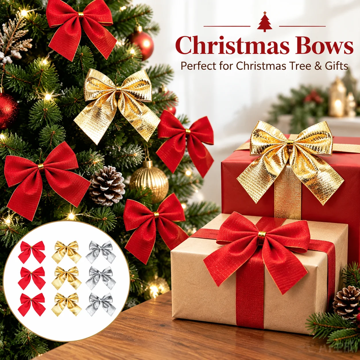12-60PCS﻿ Christmas Bow Red Gold Mini Xmas Tree Bowknot Home Wedding Decoration Navidad New Year Party DIY Gift Craft Supplies