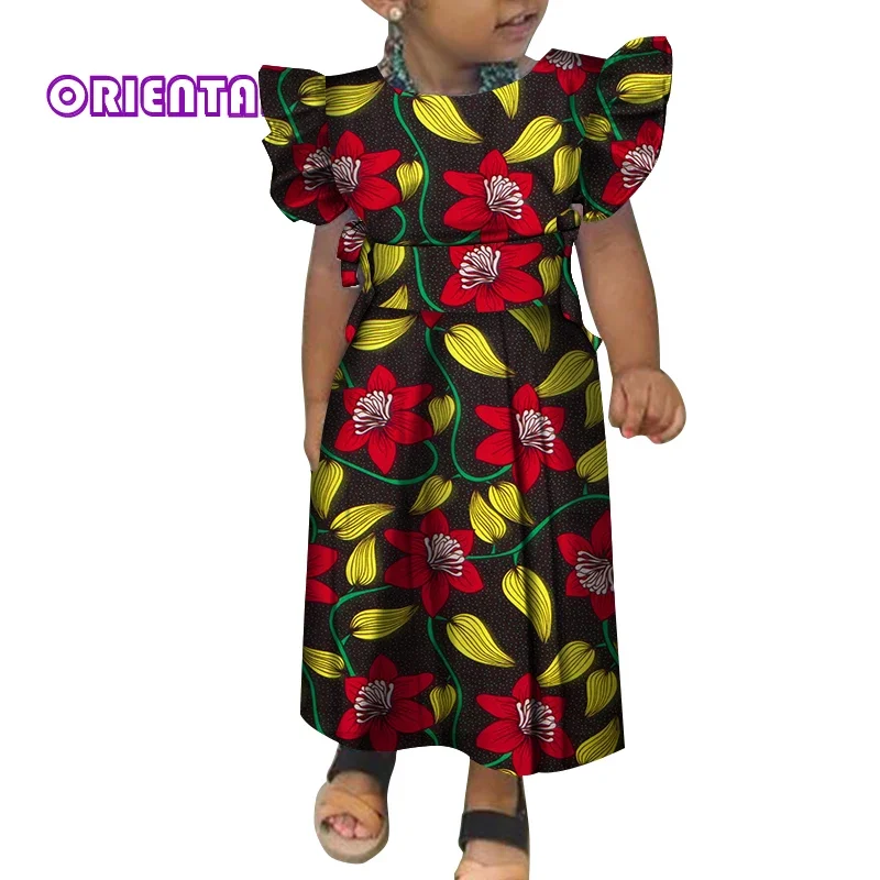 2024 African Print Outfits for Kids Girls 2 Pieces Set Ruffle Sleeves Tops and Skirts Girls Bazin Riche Party Clothes WYT81