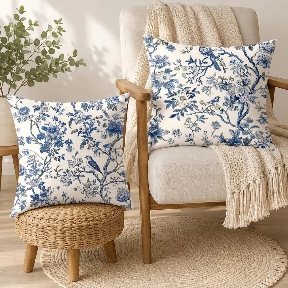 Retro Blue Floral Bird Printed Cushion Cover Square Decorative Throw Pillow 40x40cm For Sofa Bedroom Living Room Home Decor