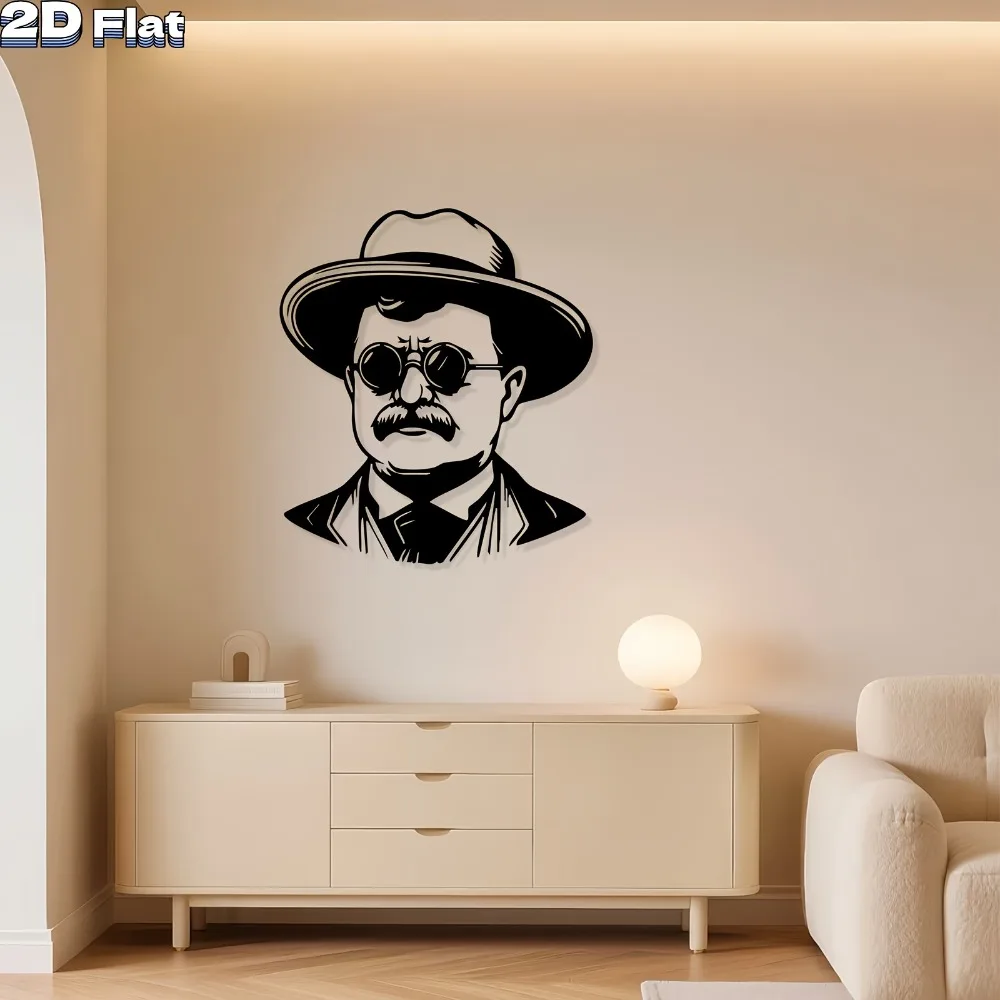 1pc Teddy Roosevelt Iron Wall Art, Presidential Figure Metal Sculpture, Rust-Resistant Hooks Decor for Study, Garden Fence, Patr