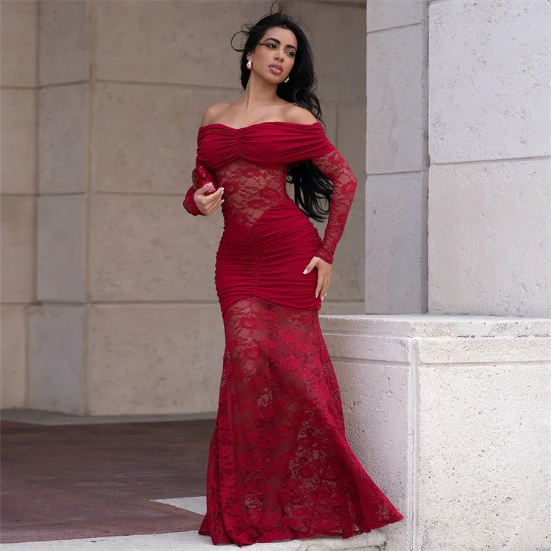 

Sexy Off the Shoulder Mermaid Maxi Dresses Women Even Elegant Sheer Lace Patchwork Slash Neck Ruched Club Party Long Dress Robe