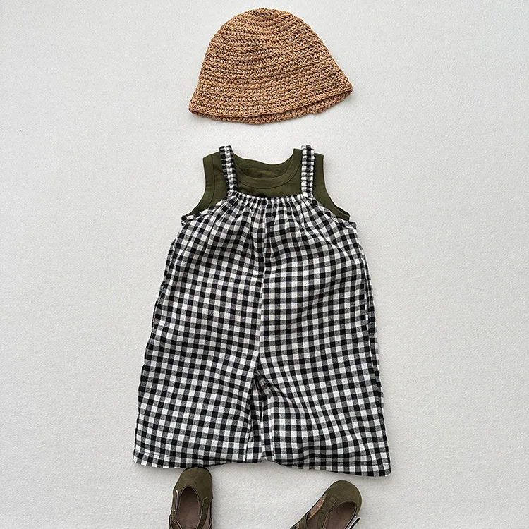 2025 Summer New Children Loose Overalls Cotton Girls Plaid Sling Trousers Boys Versatile Casual Bib Baby Clothes Kids Jumpsuit