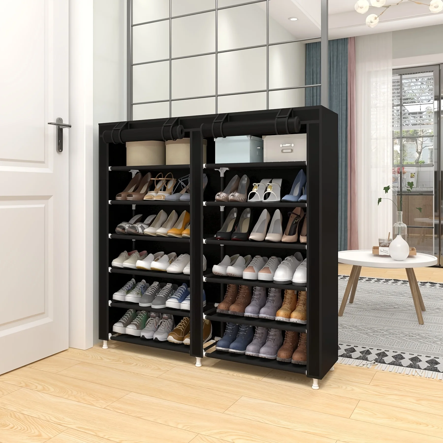 12-Tier Canvas Shoe Rack, Shoe Cabinet, Freestanding Shoe Storage Rack, Suitable for Living Room and Hallway, Can Hold 36 Pairs of Shoes, with Dust Cover, 1 Piece