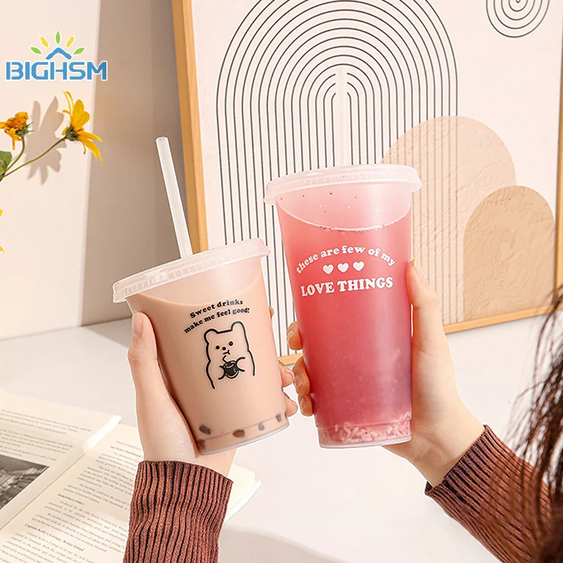 Kawaii Water Bottle For Coffee Juice Milk Tea Cute Plastic Cold Cups With Straw Lid Portable Reusable Drinking Bottle BPA Free