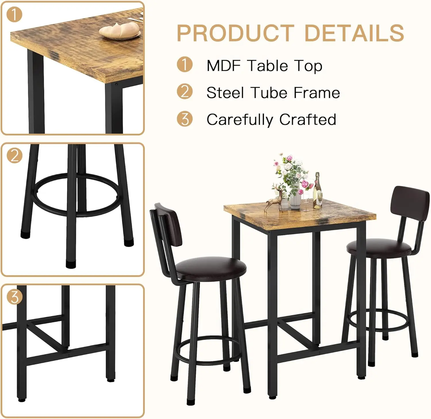 Recaceik 3 Piece Pub Dining Set, Modern Bar Table And Stools For 2 Kitchen Counter Height Wood Top Bistro Easy Assemble For