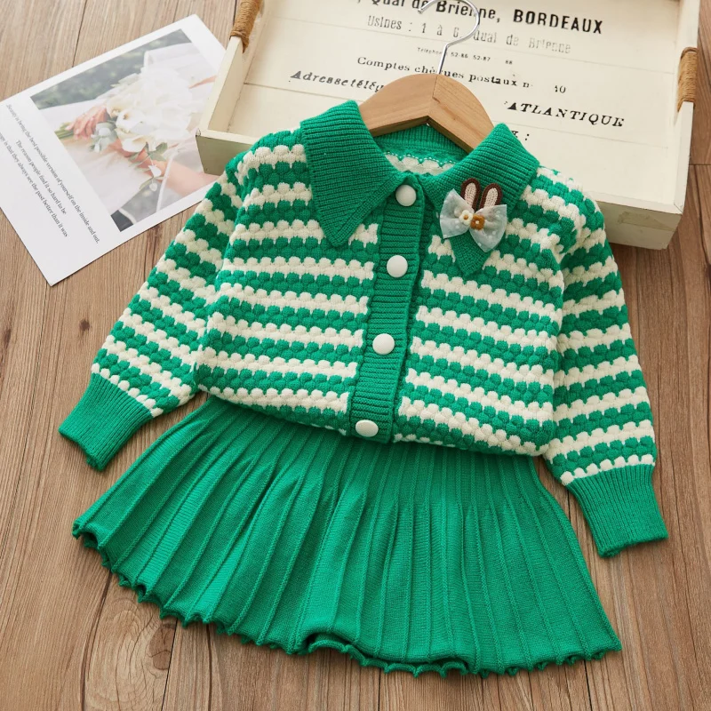 

Children's Clothing Autumn Winter Knitted Sweater Baby Striped Bow Knitted Pleated Skirt Set