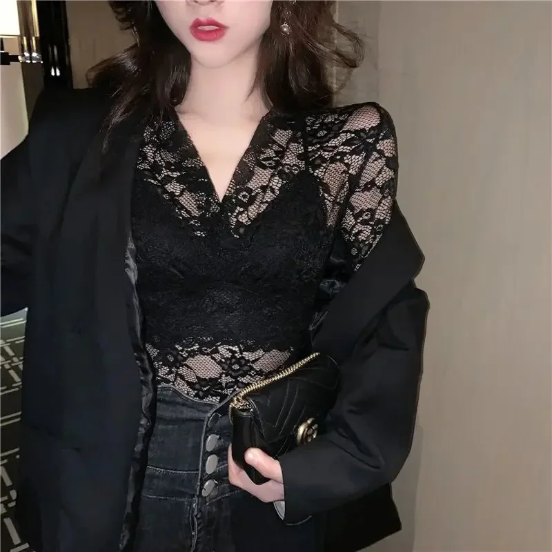 Sexy Gauze Blouse Women Clothing 2024 Blusas Muuer De Moda Long Sleeve Tunic Lace Hollow Out Crop Tops See Throught Y2k Shirts