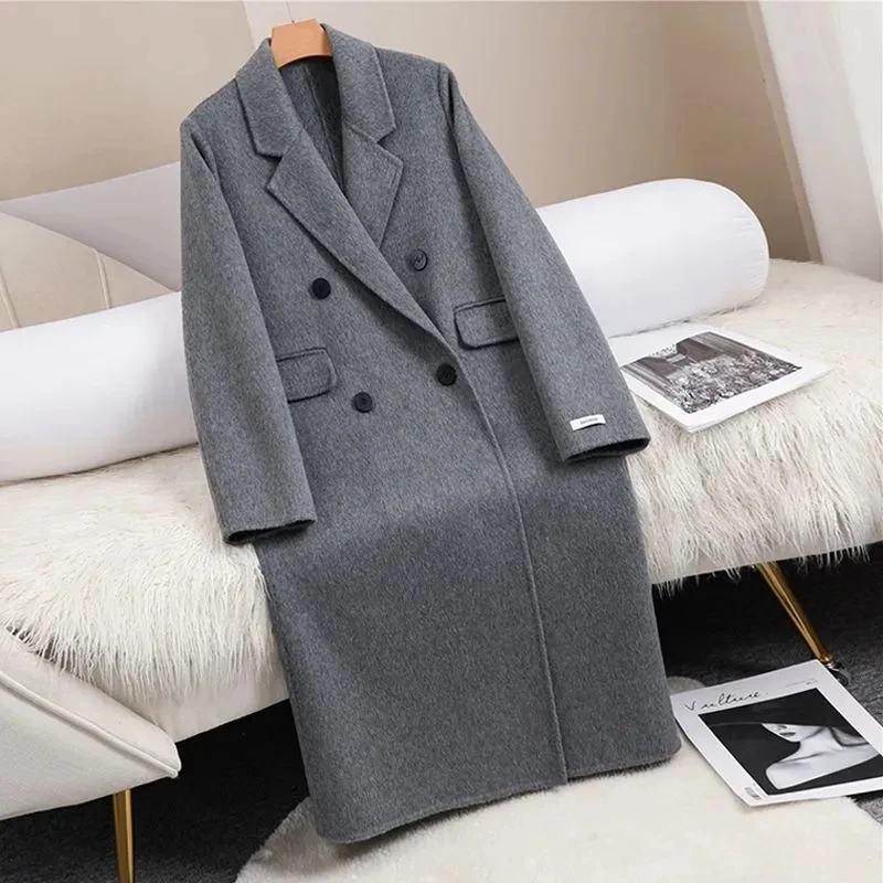 High end Gray double-sided woolen coat women's 2025 Autumn Winter New Temperament Double row button Woolen Coats Long Overcoat