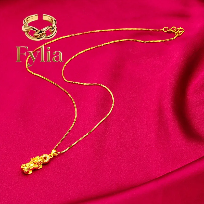 Fylia Jewelry   24K gold Pixiu necklace AU999 full gold, exquisite and flexible three-dimensional shape, with fine chain design