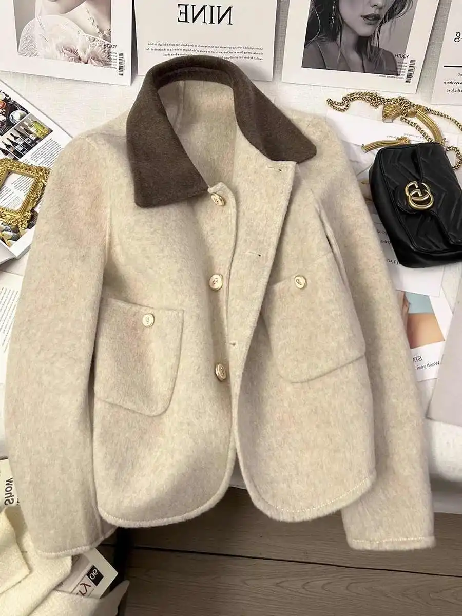 

Women's Light Beige Autumn Jacket Coat Harajuku Long Sleeve Woolen Coat Vintage Oversize Outerwear 2000s Clothes Winter Autumn