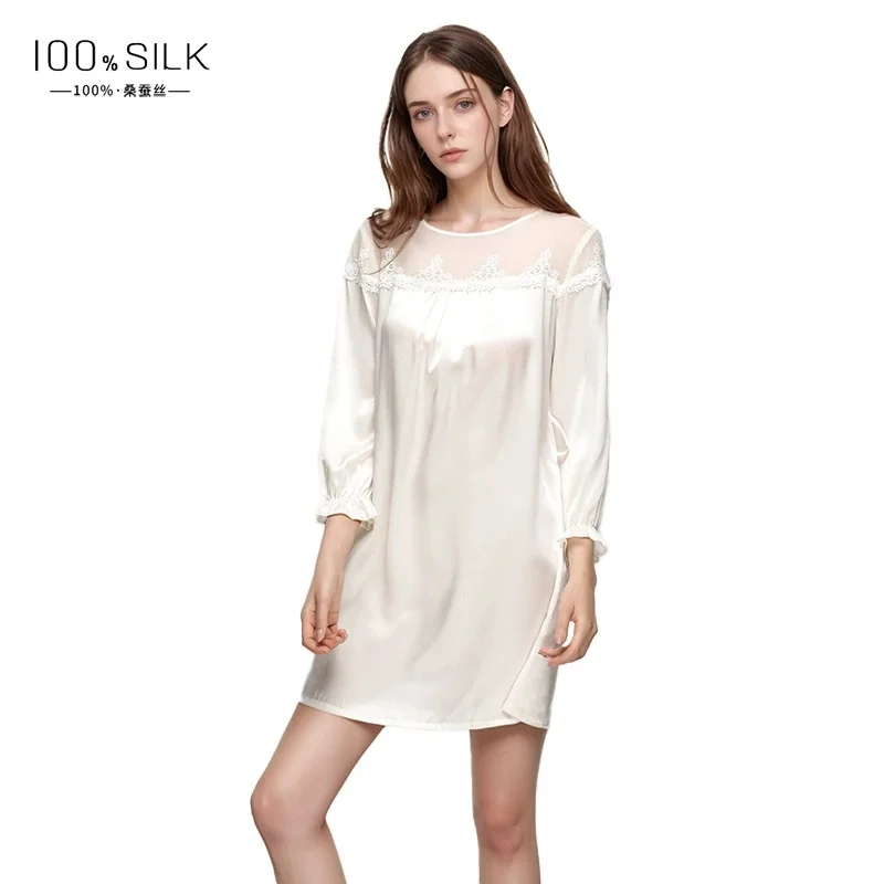2025 New Summer Style Women's French-Style Silk Nightdress - 100% Mulberry Silk Baby-Sleeve High-End Loungewear Short Dress
