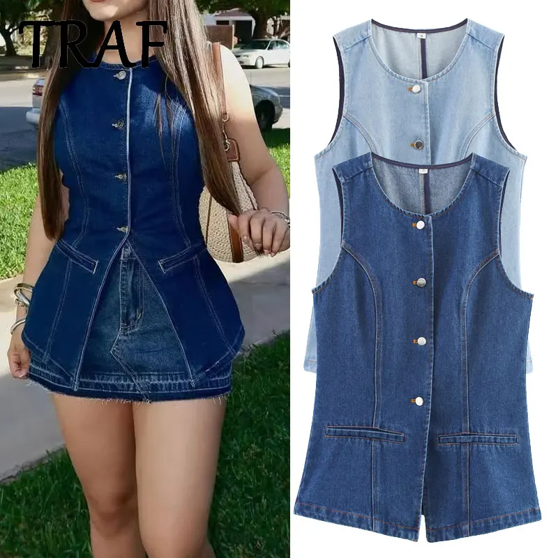 

TRAF 2025 Summer Denim Vest Women New Spring Autumn Slim Jeans Vest Jackets Female Casual Sleeveless Waistcoats Cowboy Coat Tops