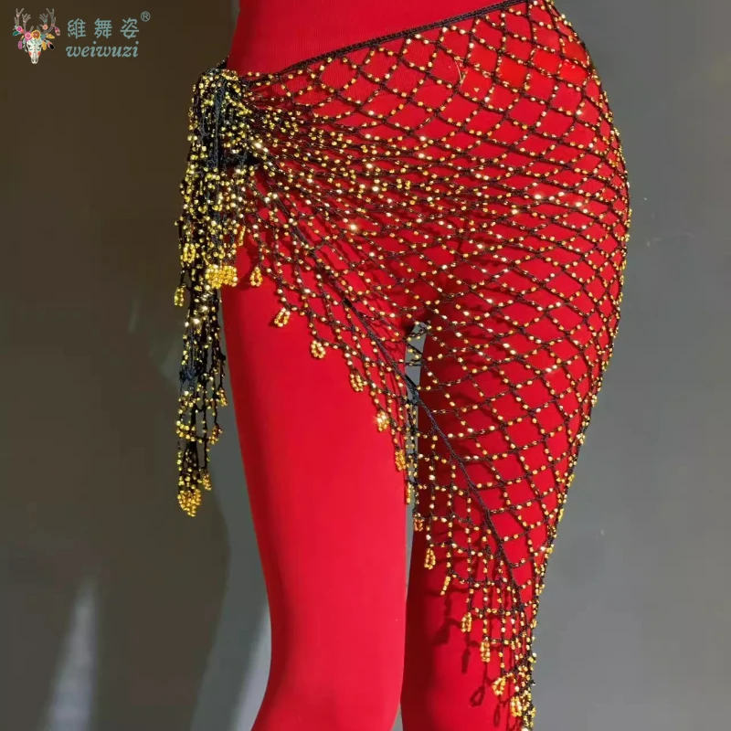 Novo lenço de quadril para dança do ventre, rede de pesca com lantejoulas, cachecol triangular para mulheres, corrente de cintura oriental, acessórios de dança