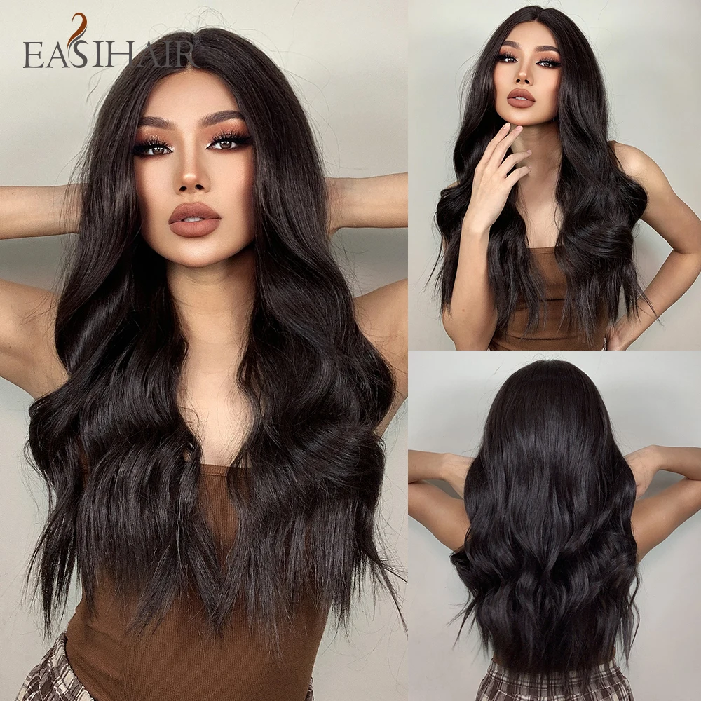 

EASIHAIR Long Wavy Lace Front Synthetic Wigs Dark Brown Lace Frontal Natural Hair Wig for Women Daily Cosplay Wigs High Density