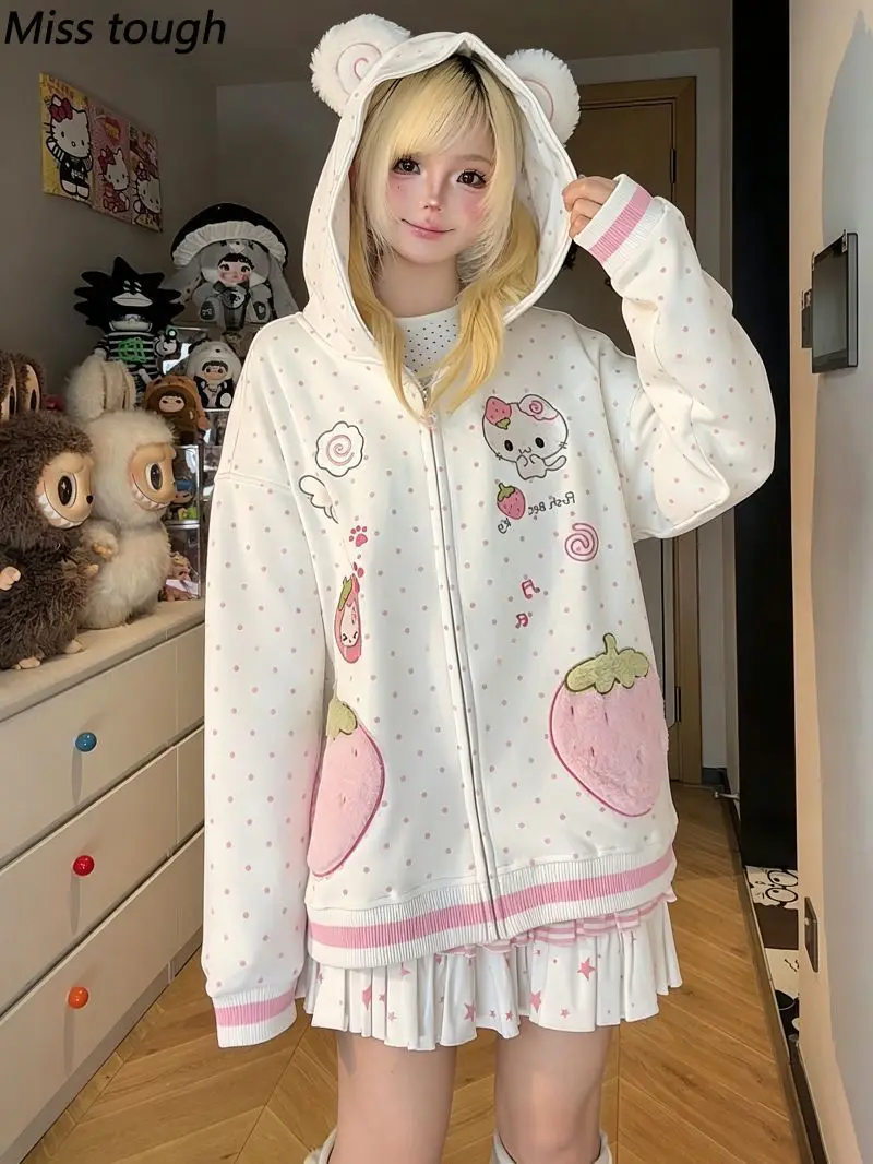 Herbst Winter Koreanische Mode Erdbeer-Taschen-Kapuzenpullover Damenjacke Niedliche Kleine Katze Japanischer Lockerer Kawaii Y2k Sweater
