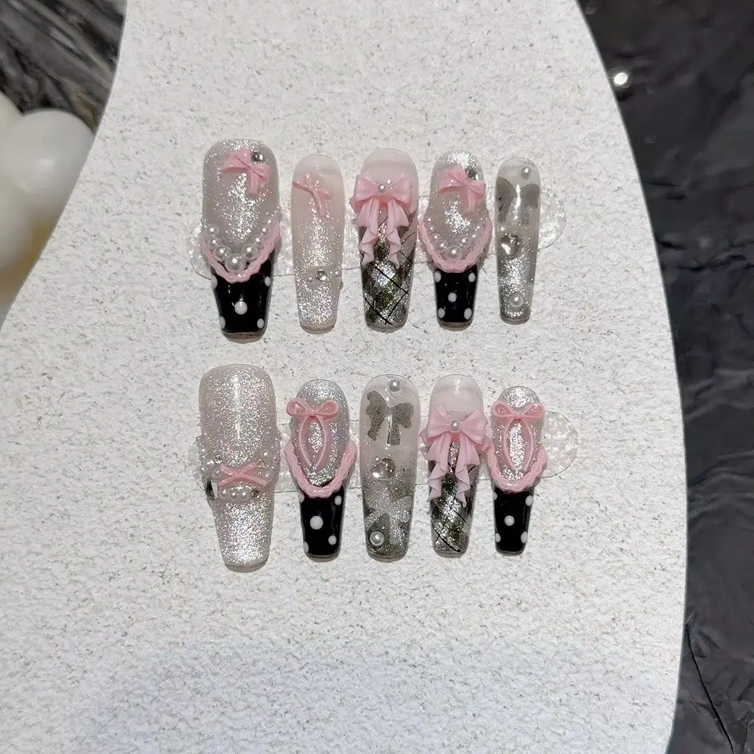 

10Pcs French Long Ballet Fake Nails Lace Ribbon Sweet Cool Wearable Nail Art Cat Eye Pearls 3D Bow Coffin Fashion Finished Nails