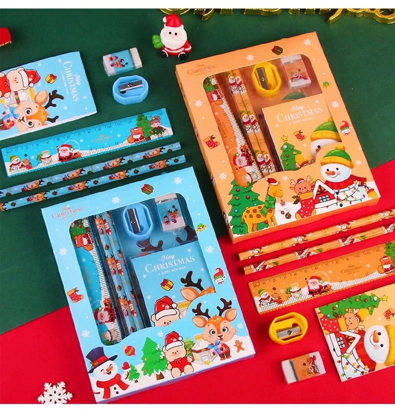 6pcs/set Christmas Gifts for Kids Stationery Set Party Favor Pencil Sharpener Eraser Note Book Kawaii School Stationery Supplies