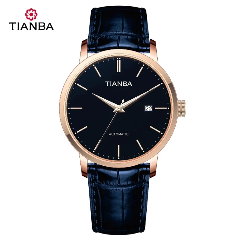 Tianba relógio mecânico automático original, à prova d'água, display de calendário, aço inoxidável com pulseira de couro 6029