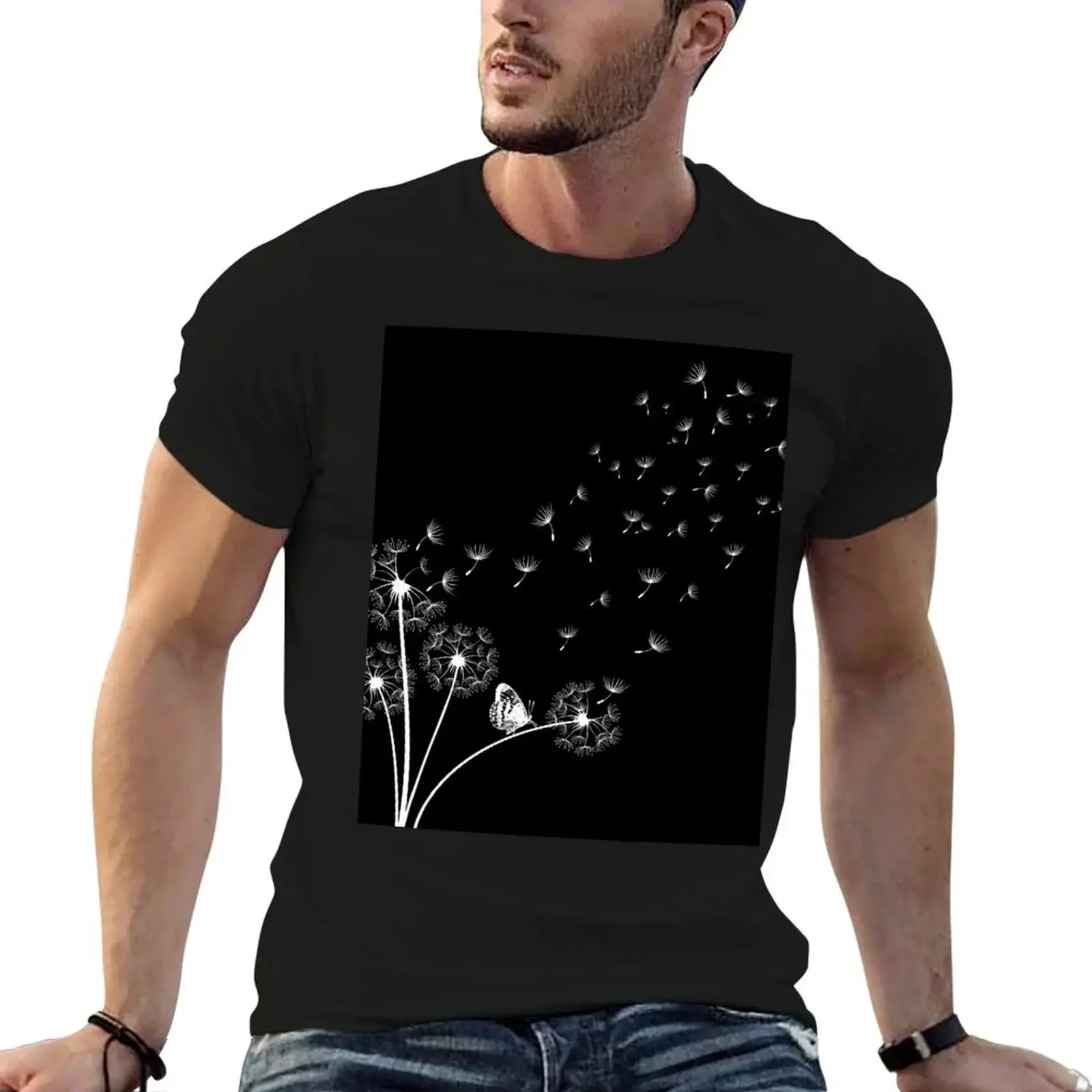 Dandelions and Butterfly Nature-Inspired Design, Botanical Art T-Shirt baggy shirts quick drying mens shirts graphic tee