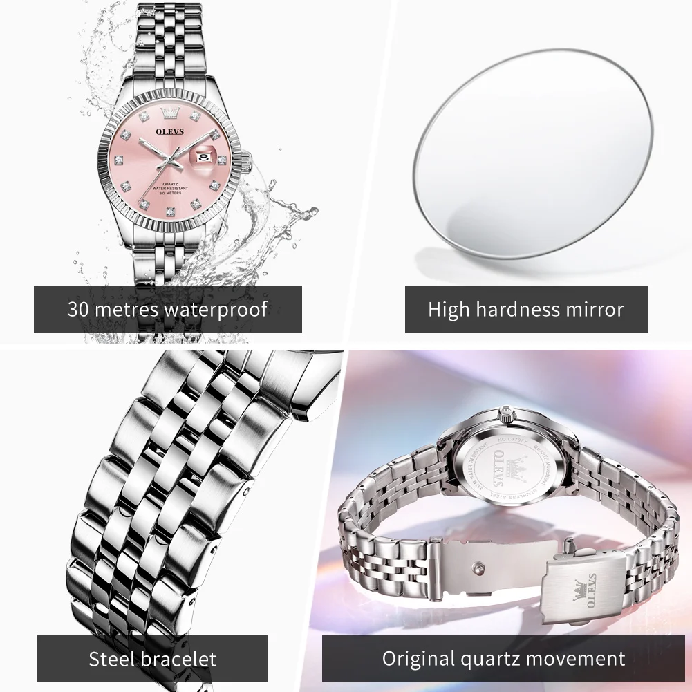 Jam Tangan Wanita OLEVS 3705 Elegan Fashion Pink Original Quartz untuk Wanita Bezel Tekstur Ulir Baja Tahan Karat Tanggal Baru