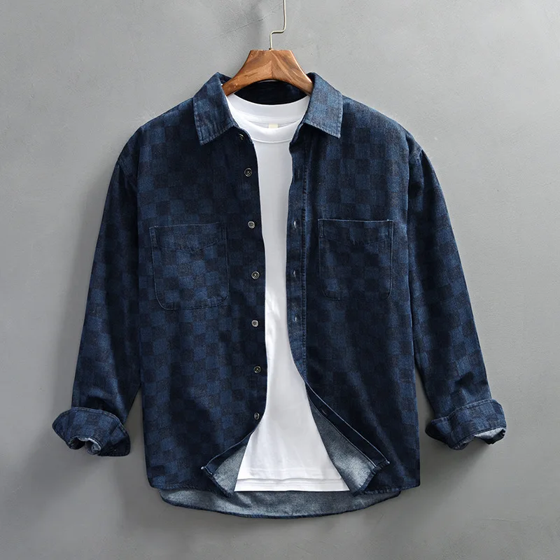 Soft Plaid Denim Men\'s Shirts 2024 Spring Autumn Fashion Long Sleeve Blouses for Youth Men Cool Casual Loose Male Tops Shirtcoat