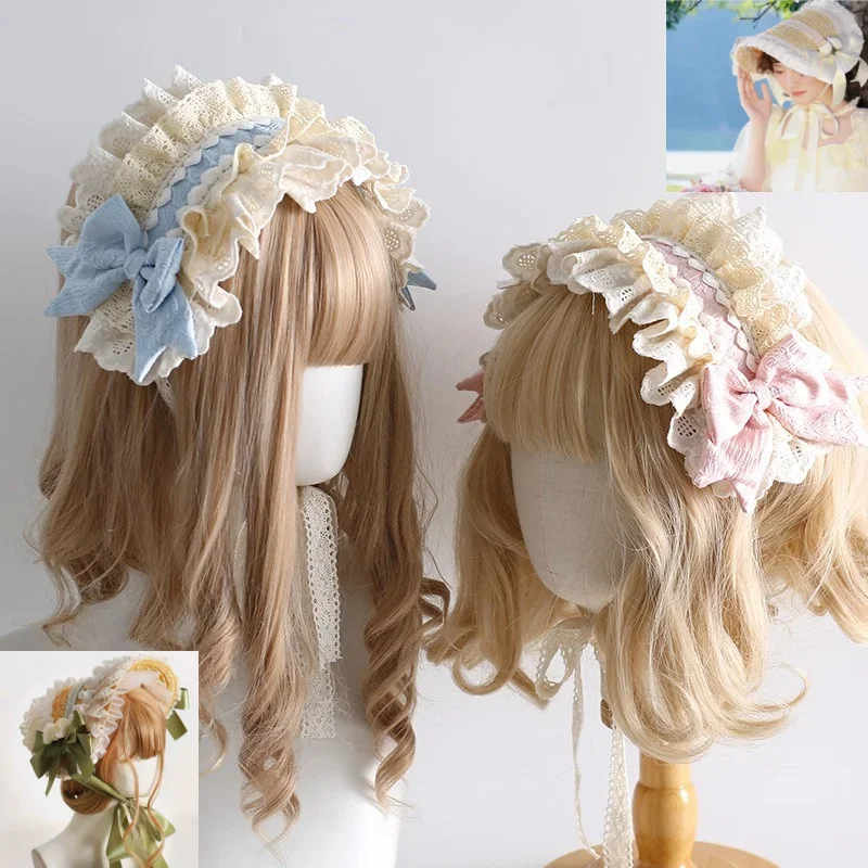 Pastoral Style Flat Top Hat Lace Flower Ribbon Straw Hat Lolita Hat Bonnet French Headdress Multicolor Original cute Lolita Hair