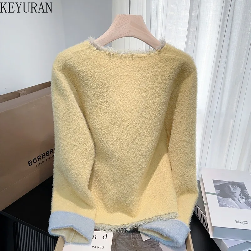 黄色のルーズセータージャケット女性のための秋冬韓国 V ネック長袖ミンクファーニットカーディガンコートアウタートップス