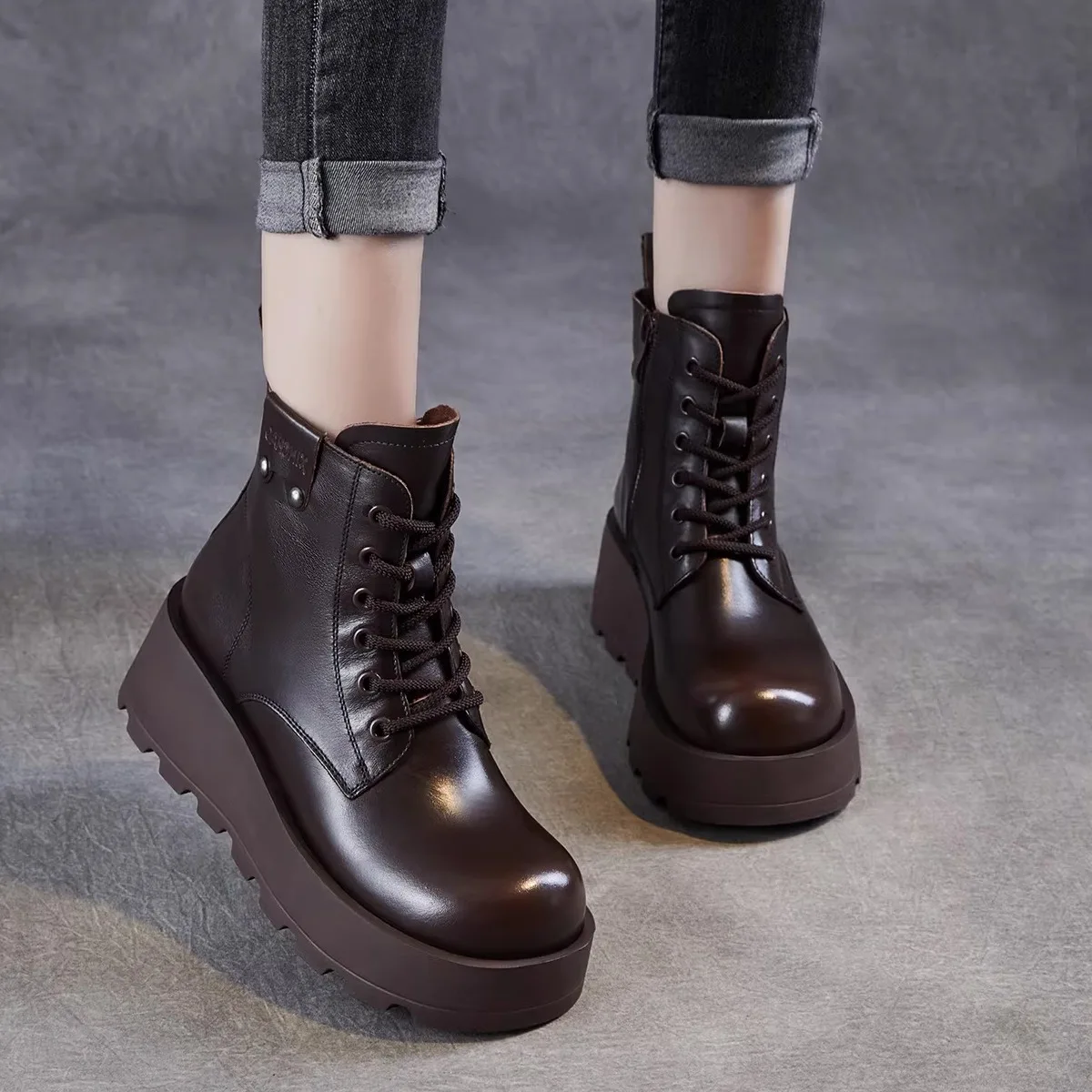 

Women's Thick Bottom Boots High Top round Toe Comfortable Rubber Sole Versatile Short Boots with Lace up Design