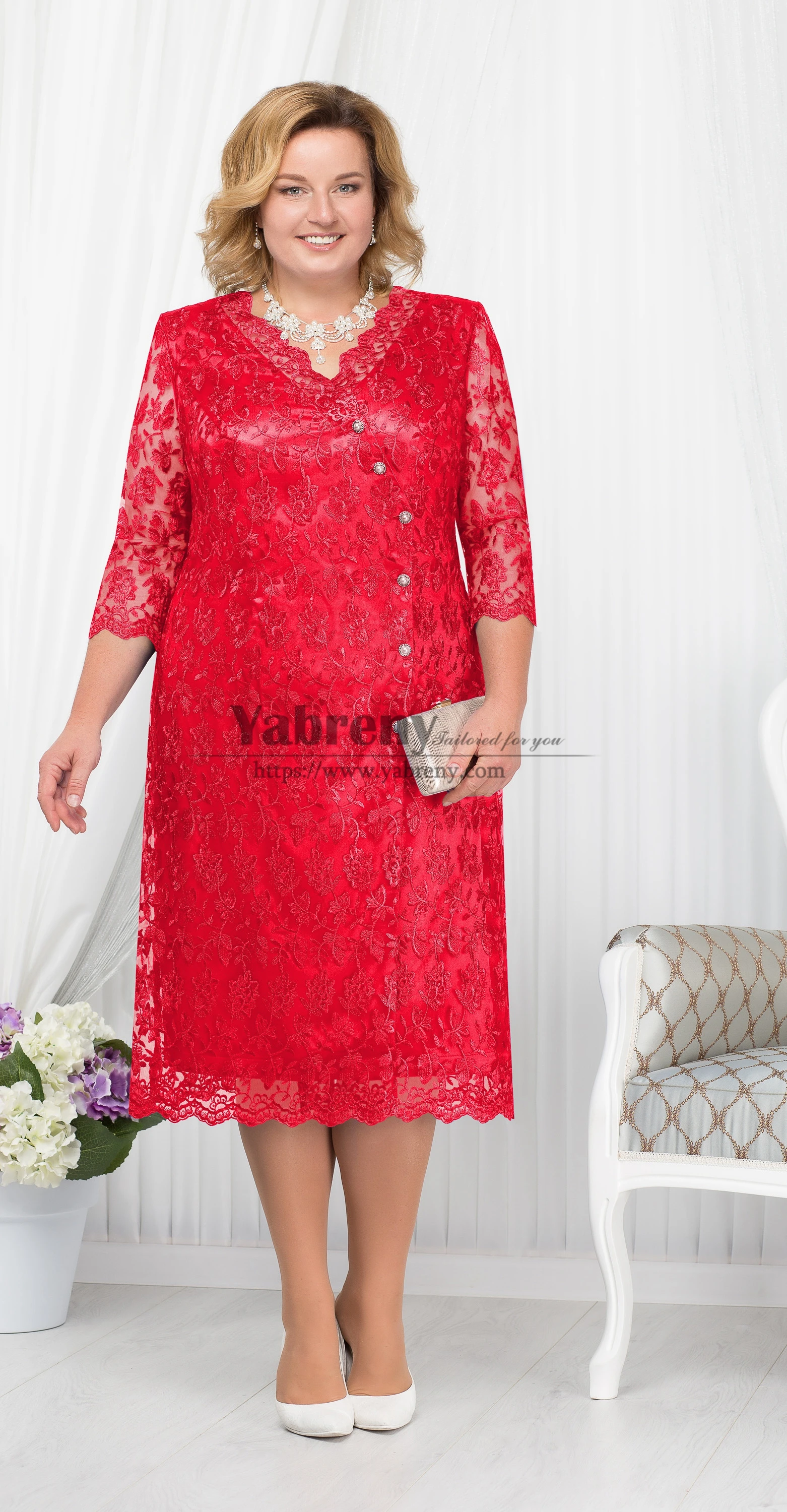 Chá vermelho-comprimento mãe da noiva vestido de renda plus tamanho vestido feminino para convidado de casamento