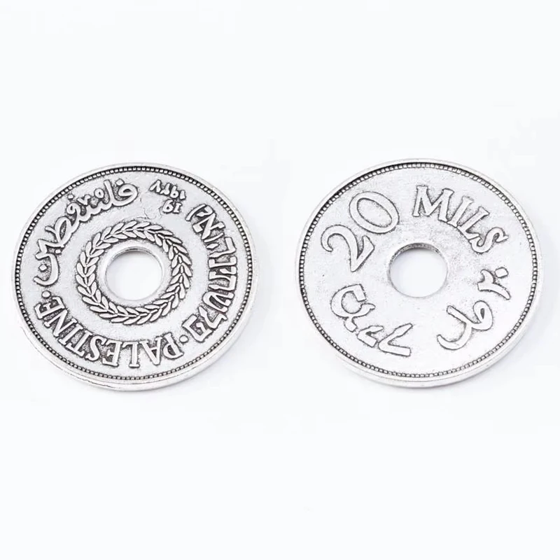 20pcs 30mm Vintage Bronze Silver Color Palestine Money 20 Mils Round Coin Charms Pendant For Bracelet Earring Diy Jewelry