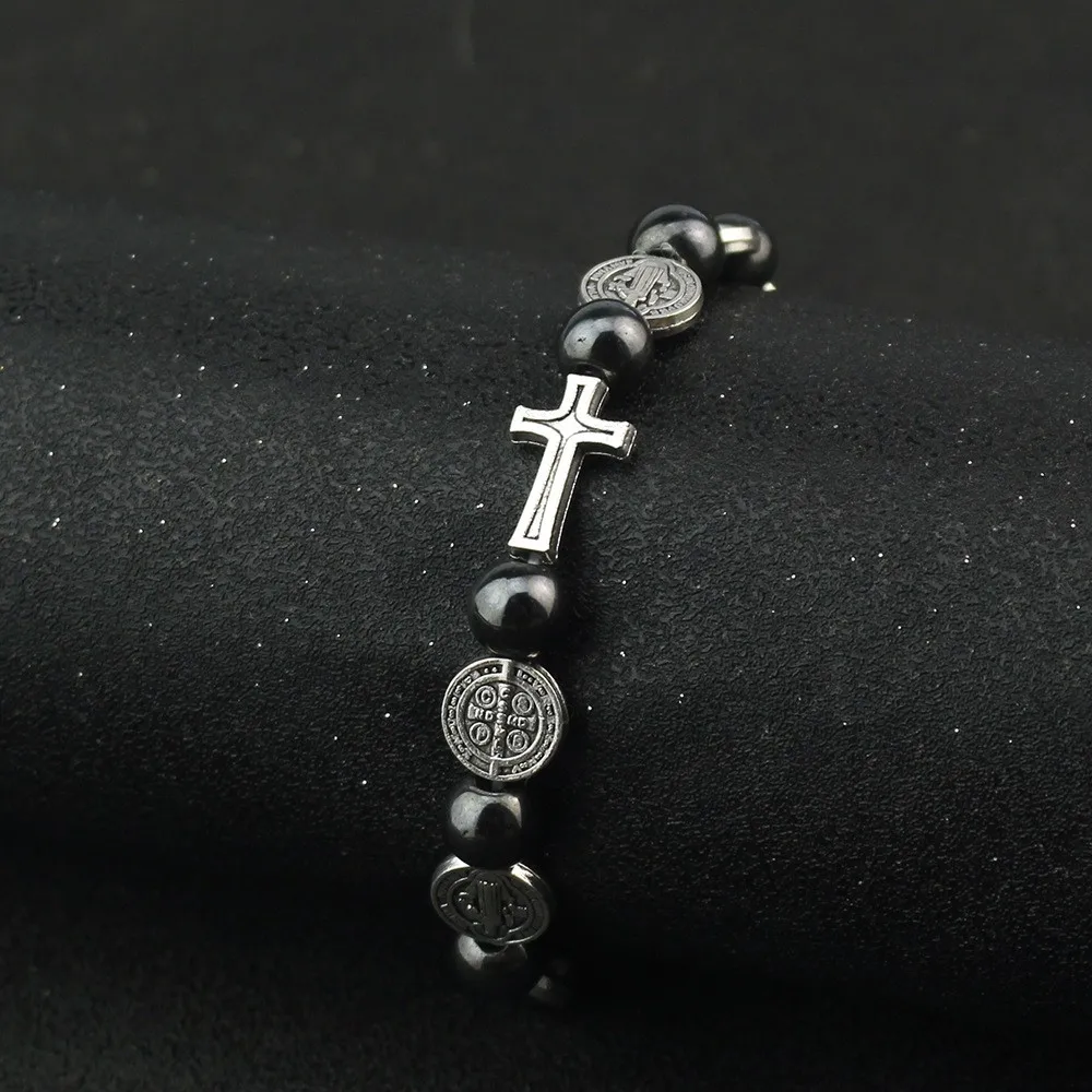 Modisches Katholisches Rosenkranz-Armband St. Benedikt Medaille Kreuz Gebetsarmband Hämatit-Perlen Religiöser Schmuck Accessoires – Detail 7