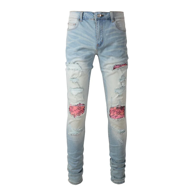 

Men's Ripped Patch Slimming Light Blue Jeans Flip Side Splicing Color Blocking Print Street Pencil Pants A6589