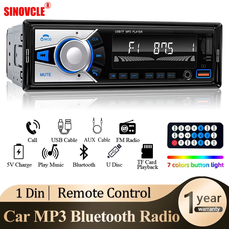 SINOVCLE Car Radio Stereo 1 Din Digital Bluetooth MP3 Player FM Audio Receiver Music Double USB/TF Card with In Dash AUX Input