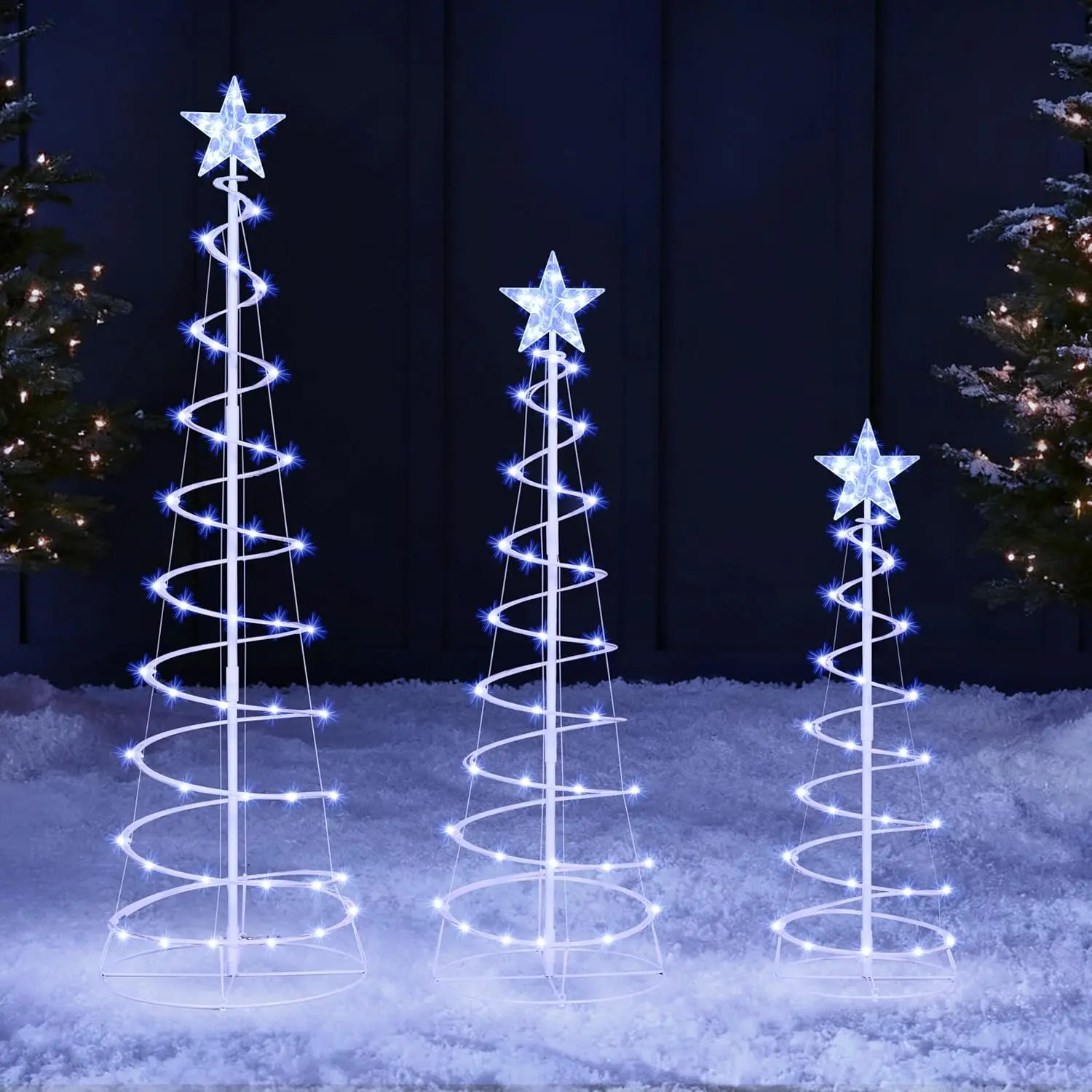 

JOYFY 3 Pack Spiral Christmas Tree Light 218 LED Lighted Tree with Star Topper & Stakes for Christmas Decorations Xmas Eve Night
