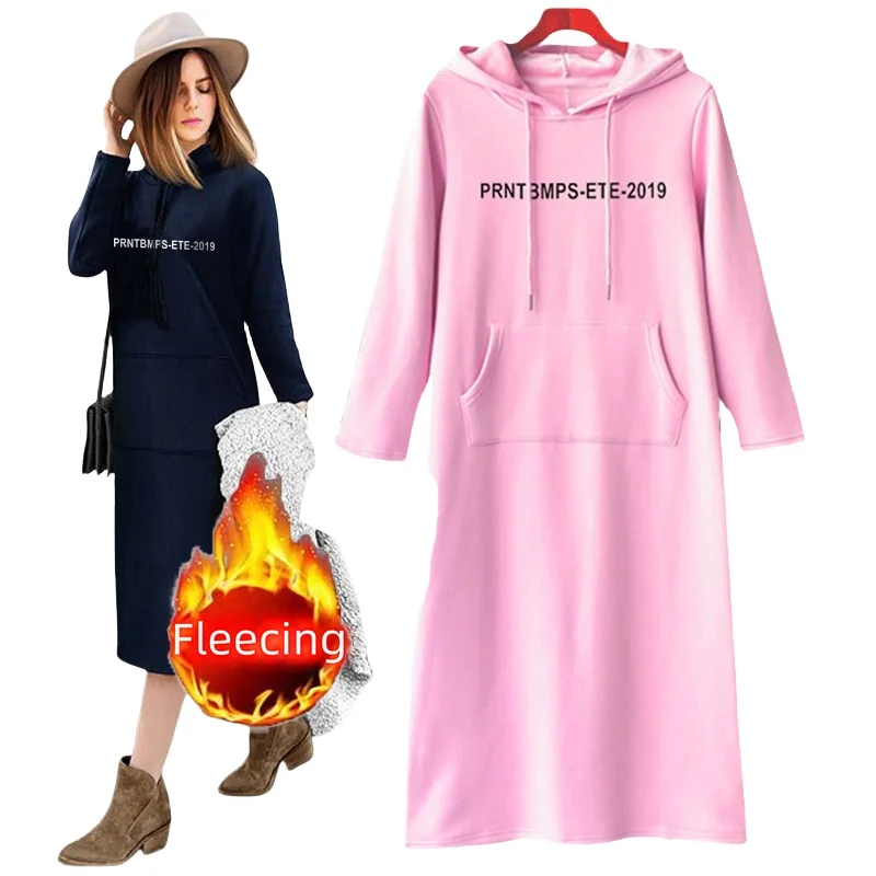 Fleece Hooded Shirt Zip-up Sweatshirt Letter Knee Length Dress Casual Woman Clothes Streetwear Winter Long Sleeve Sportwear Y2K