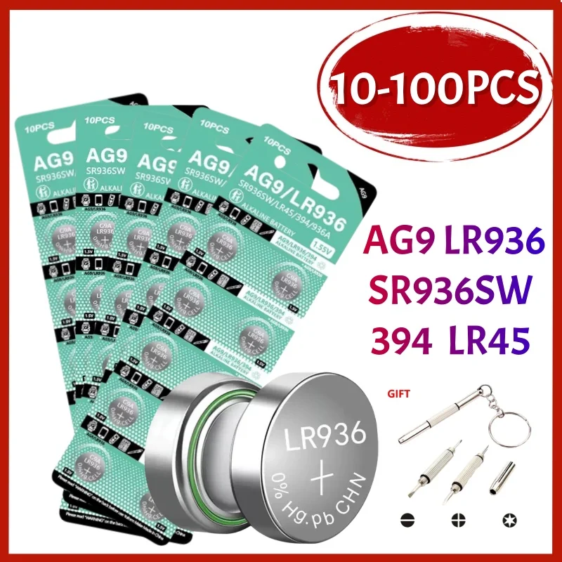 10-100 Uds AG9 LR936 394 SR936SW CX194 LR45 1,55 V pilas de botón G9A 194 394A SR936 L936F pilas para reloj de monedas juguetes batería remota